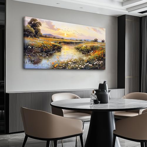 Large Canvas Wall Art For Bedroom Wall Decorations For Living Room Office Decor Rivulet View Painting Farmhouse Field Scenery Watercolour Pictures Home Decoration Ready To Hang 24x48 In