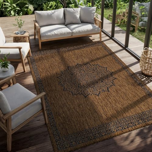Outdoor Rug 9x12 Medallion Gold Modern Large Area Rugs for Indoor and Outdoor Patios Kitchen and Hallway Mats Washable Porch Deck Outside Carpet (108 Sq Ft)