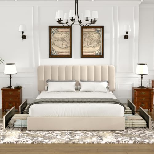 Queen Size Upholstered Bed Frame with 4 Drawers and Headboard