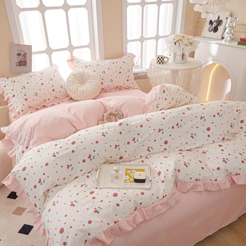 Kawaii Pink Strawberry Comforter Set King Girls Cute Strawberry Bedding Comforter Fluffy Soft Microfiber Bedding Set 1 Ruffled Comforter with 2 Pillowcases Pink Floral Comforter Set