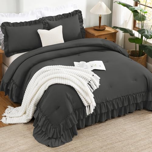 Dark Grey Ruffle Super King Comforter Set