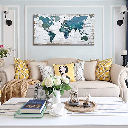 Teal Decor World Map Canvas Art Pictures for Living Room Wall Decoration Blue Wall Decor Office World Map Art Picture Framed Artwork for Home Bedroom Decoration 24"x48"