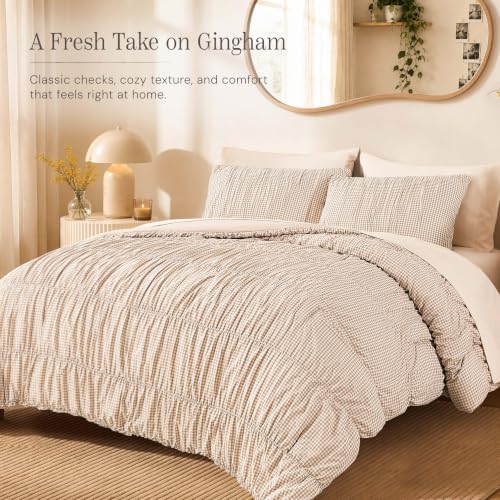Tan Gingham Twin XL Comforter Set