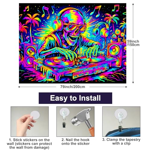 Blacklight Tapestry DJ Skeleton Wall Art 78 x 59 Inch