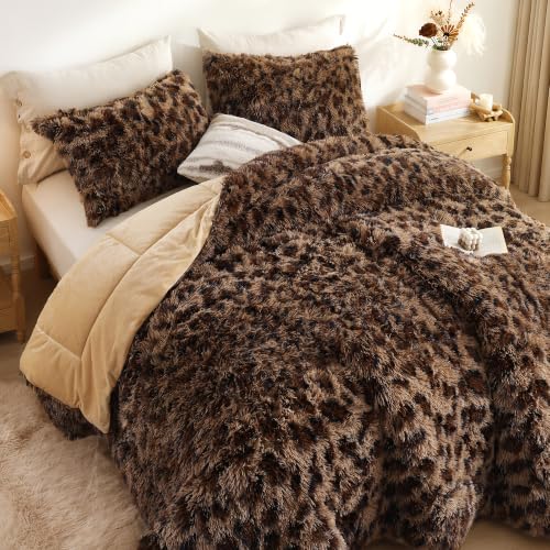Fluffy King Size Comforter Set Leopard Print Faux Fur Comforter 3Pcs