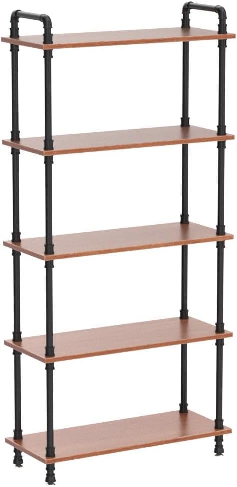 Industrial Bookshelf, 5 Shelf Bookcase, Rustic Brown Pipe Shelving (29.5" L x 11.8" W x 70" H)