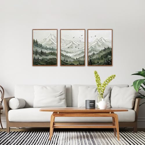 KAlRNE Mountain Landscape Forest Framed large Wall Art Set (3 Count)
