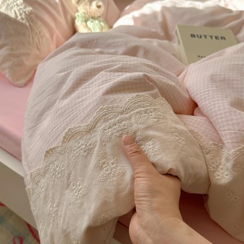Pink Gingham Comforter Set Full Size Soft Fluffy Romantic Lace Bedding Set Cottagecore Cute Plaid Checkered Comforter Set 3 Pieces Pink Grid Farmhouse Bedding Comforter with 2 Pillowcases
