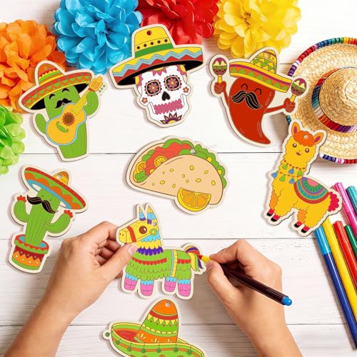 36PCS Wooden Cinco De Mayo Crafts Decorations Mexico Crafts for Kids Fiesta Party Ornaments to Paint