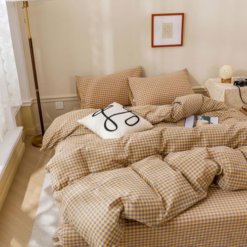 Gingham Comforter Set King Modern Style Checkered Plaid Printed Bedding Comforter Set 3 Pieces Boho Grid Comforter King Fluffy Soft Purple Yellow Gingham Bedding Comforter with 2 Pillowcases