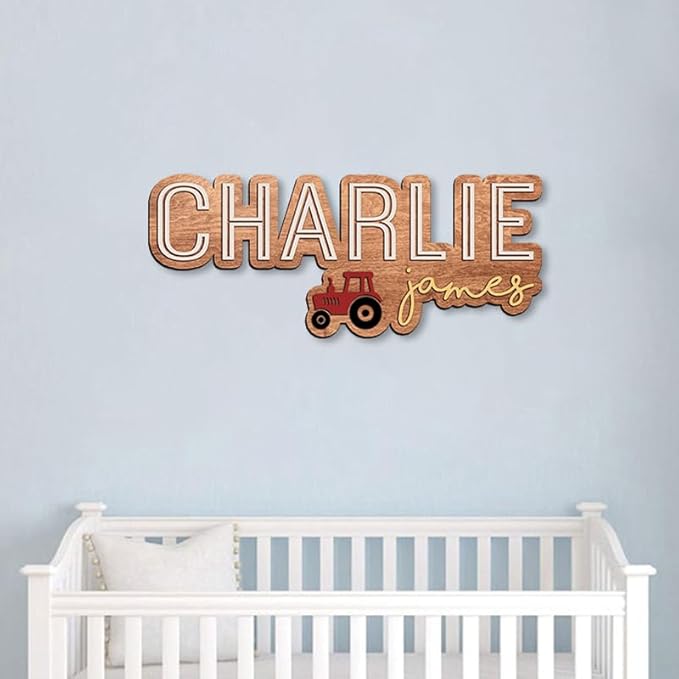 Personalized Wooden Nursery Name Sign, Baby Name sign for kids room decor, Tractor themed for boys girls, Baby shower, Door hanging gift/9