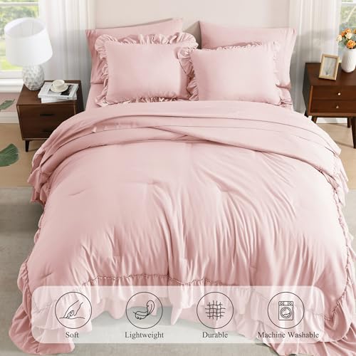 Queen Comforter Set Soft Pink Ruffle 7 Pieces Farmhouse Bed in a Bag