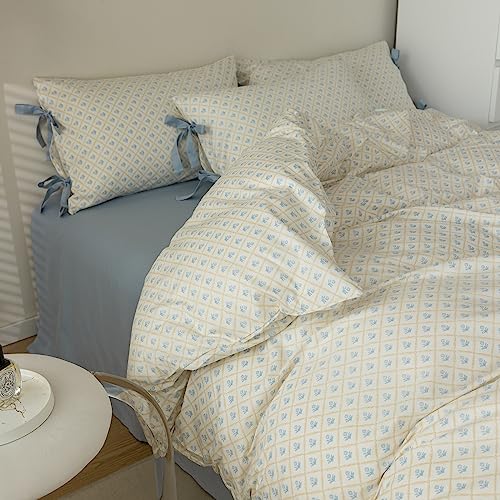 Blue Floral Comforter Set Twin XL Cute Flower Comforter Set Cottagecore Botanical Bedding Comforter Twin XL for Teens Girls Aesthetic White Blue Grid Comforter with 2 Bow Ties Pillowcases
