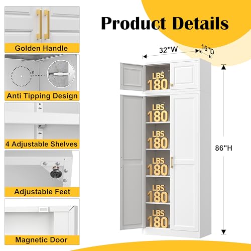 86"Metal Pantry Storage Cabinet with Doors & 4 Adjustable Shelves