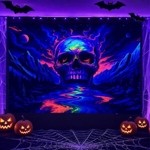 Blacklight Tapestry Skull Mountain Wall Hanging 78 x 59 Inch