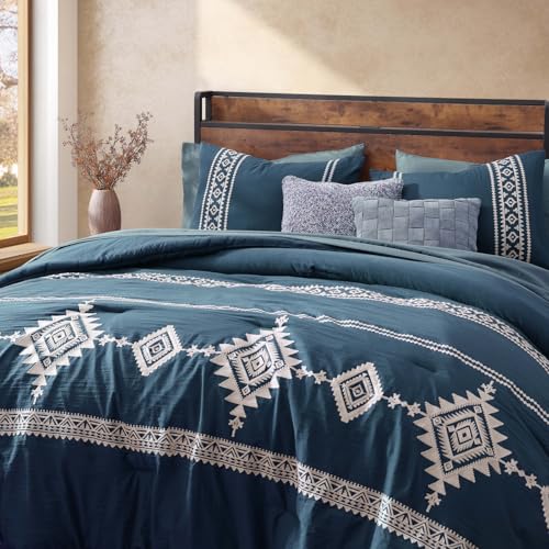 Embroidery King Size Comforter Set 7 Pieces Navy Blue Bed in a Bag