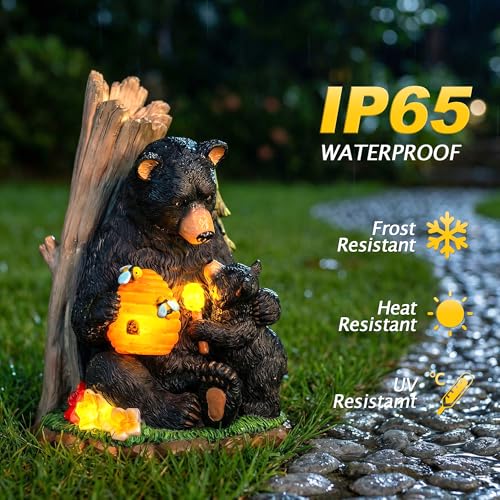 Solar Bear Garden Statue with Glowing Beehive & Cub