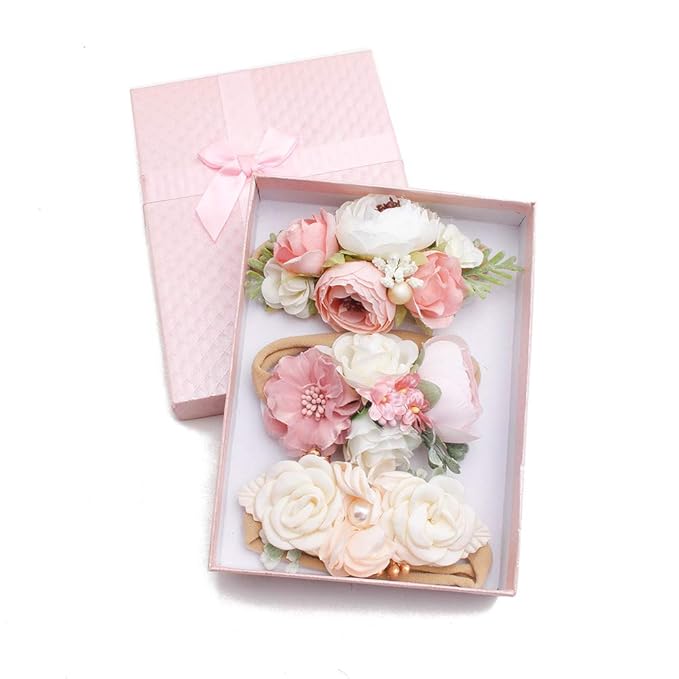 cherrboll 3pcs Baby Girl Headbands Flowers, Super Soft & Stretchy Nylon Floral Hairbands for Newborn Toddler