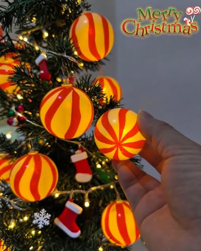 Christmas Lights Battery Operated 10Ft Red and White Christmas Ball Ornament Light 20 LED Candy Globe String Lights with 8 Modes & Timer for Outside Indoor Bedroom Patio Office Home Xmas Tree (20 Count)