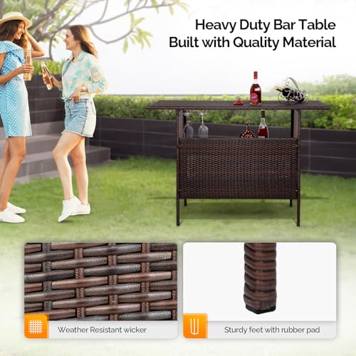 Wicker Outdoor Bar Table with 2 Steel Shelves