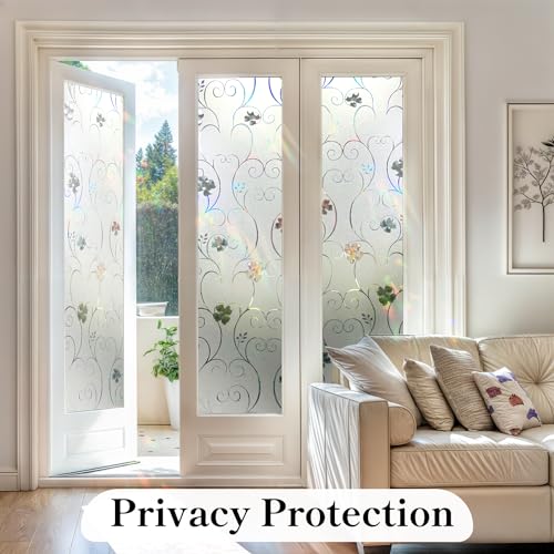 Window Privacy Film 3D Flower Pattern Stained Glass Window Film Frosted Rainbow Window Film Decorative Decals Removable Static Clings Vinyl Anti UV Window Cling for Home 17.4 x 78.7 inches