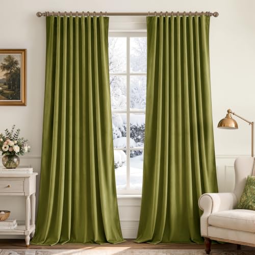 Moss Green Velvet Pinch Pleat Blackout Curtains W52 X L90 Inches