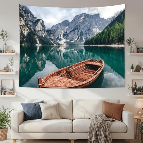 Nature Mountain Lake Boat Tapestry 80x60 Inch