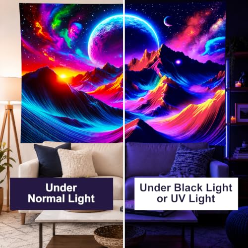 Blacklight Tapestry Mountain Galaxy UV Wall Art 78 x 59 Inch