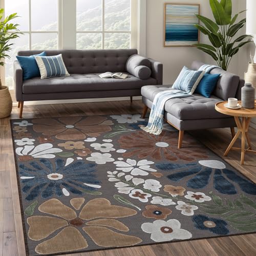 Outdoor Rug 5x7 Modern Floral Tropical Area Rugs for Outdoor and Indoor Patio Easy to Clean Non Shedding Living Room Porch Garden Washable Outside Carpet (35 Sq Ft)