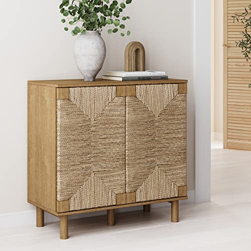 Beacon Accent Natural Sideboard Storage Cabinet in Light Wood with Adjustable Interior Shelf and Seagrass Doors