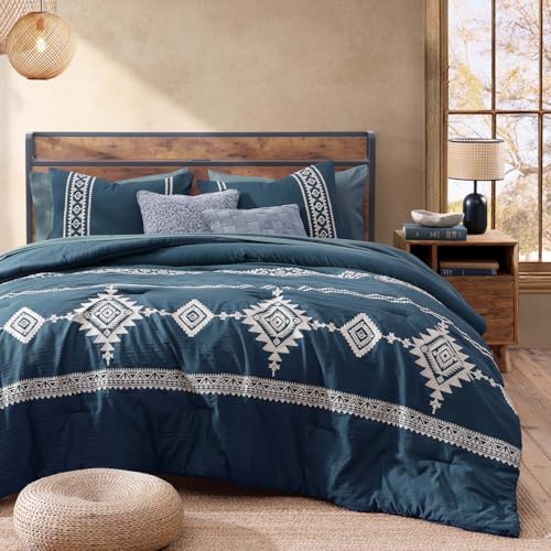 Embroidery King Size Comforter Set 7 Pieces Navy Blue Bed in a Bag