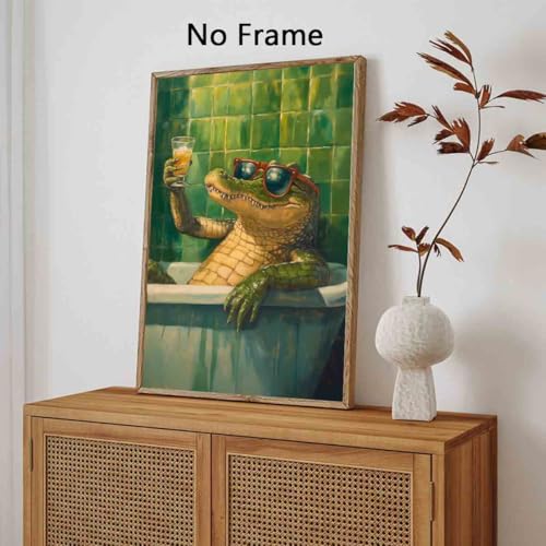 Crocodile Bathroom Canvas Funky Animal Posters Vintage Green Picture Wild Animals Painting Aesthetic Cocktail Picture Funny Bathroom Animals Prints Living Room Decor 16x24inch No Frame