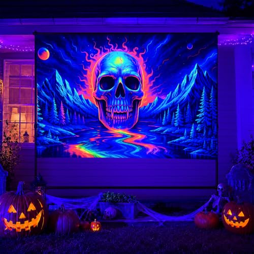 Blacklight Tapestry Skull Mountain UV Backdrop 78 x 59 Inch