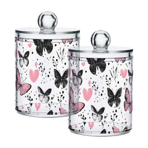 2 Pack Qtip Holder Organizer Dispenser Black Pink Butterflies Hearts Bathroom Storage Canister Cotton Ball Holder Container for Cotton Pads (2 Count)