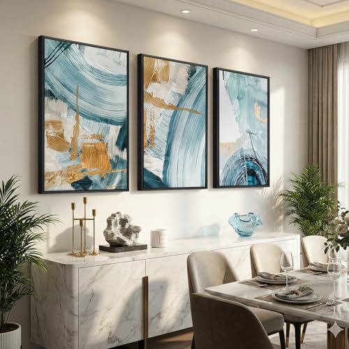 Large Framed Blue and Gold Abstract Wall Art for Living Room (3 Count)