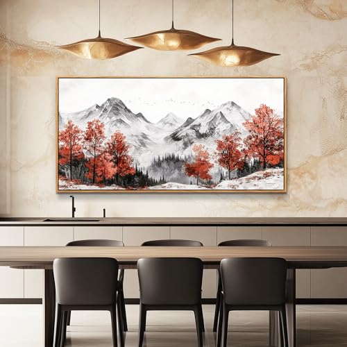 Large Canva Wall Decor For Living Room Wood Framed Wall Art For Bedroom Office Murals Red Tree Ink