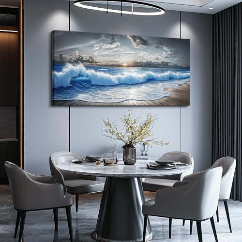 Large Canvas Printed Artworks Mural Wall Decor For Living Room Wall Art For Bedroom Office Decor Black White And Blue Ocean Wave Landscape Painting Modern Home Decor Ready To Hang 30"X60"