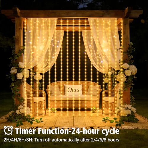 Curtain Lights Battery Operated 9.8 x 9.8Ft with Timer Warm White (300 Count)