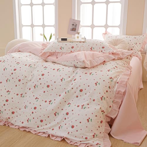 Kawaii Pink Strawberry Comforter Set King Girls Cute Strawberry Bedding Comforter Fluffy Soft Microfiber Bedding Set 1 Ruffled Comforter with 2 Pillowcases Pink Floral Comforter Set