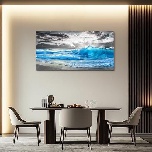 Beach Wall Pictures Canvas Artworks Wall Decor For Living Room Canvas Wall Art For Bedroom Restaurant Office Decorations Blue Sea Wave Ocean Paintings Home Decor Ready To Hang 24x48 In