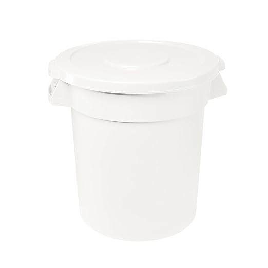 Feed and Seed Storage Container, 44 Gallon White Round Commercial Trash Can and Lid, Food Storage Plastic Bin, Use in Agricultural, Gardening, or Household