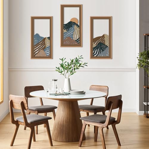 Abstract Mountain Wood Framed Wall Art 8x16 Inch Set of 3 Textured Minimalist Landscape Wooden Wall Decor Modern Colorful Line Artwork for Living room Bedroom Office