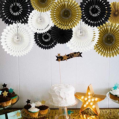 Honeycomb Round Paper Fan Black Gold White Hanging Party Supplies (9 Count)