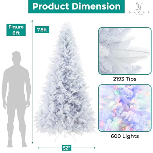 Bonnie 7 5ft White Christmas Tree with Lights Unique Colored Christmas Tree Prelit with 2193 Branch Tips 600 Warm Lights and Metal Stand Minimalistic Aritificial
