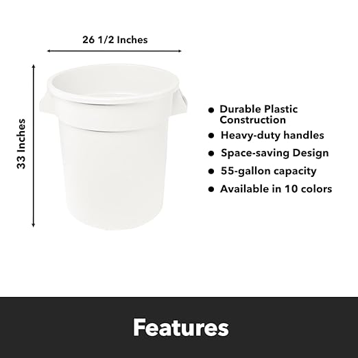 Feed and Seed Storage Container, 55 Gallon White Round Commercial Trash Can/Ingredient Bin, Food Storage Plastic Bin, Use in Agricultural, Gardening, or Household