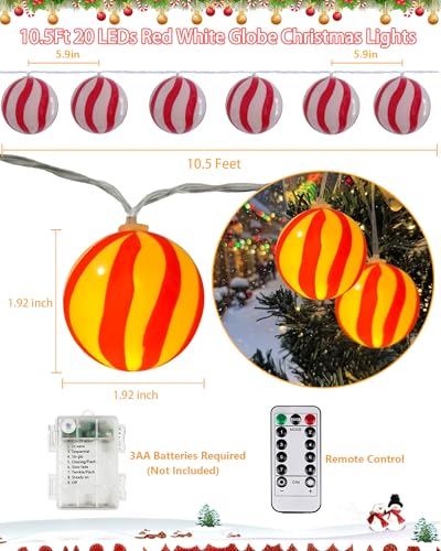 Christmas Lights Battery Operated 10Ft Red and White Christmas Ball Ornament Light 20 LED Candy Globe String Lights with 8 Modes & Timer for Outside Indoor Bedroom Patio Office Home Xmas Tree (20 Count)