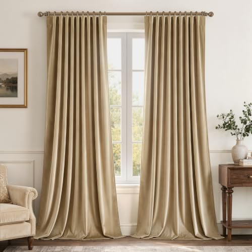 Beige Velvet Pinch Pleat Blackout Curtains W52 X L84 Inches