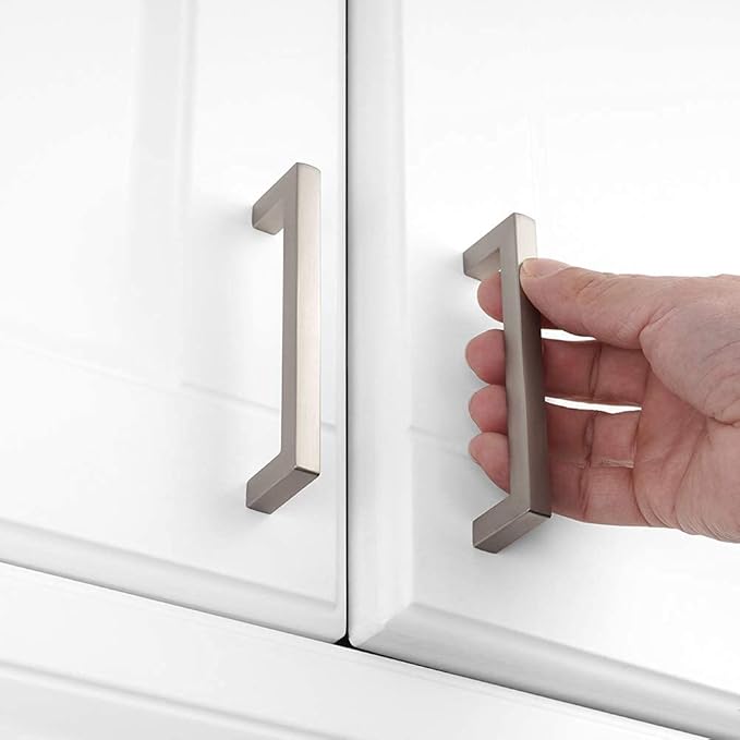 KOOFIZO Solid Square Bar Cabinet Handle - Brushed Nickel Furniture Pull, 3.8 Inch/96mm Screwhole Distance, 10-Pack for Kitchen Cupboard Door, Bedroom Dresser Drawer, Bathroom Wardrobe Hardware