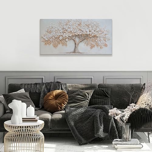 Canvas Wall Art Decor Beige Tree of Life Textured Canvas Art Wall Decor For Living Room Decor Botanical Nature Wall Art Decor Elegant Tree Wall Art Decor For Home Bedroom Office Wall Decor 20×40 Inch