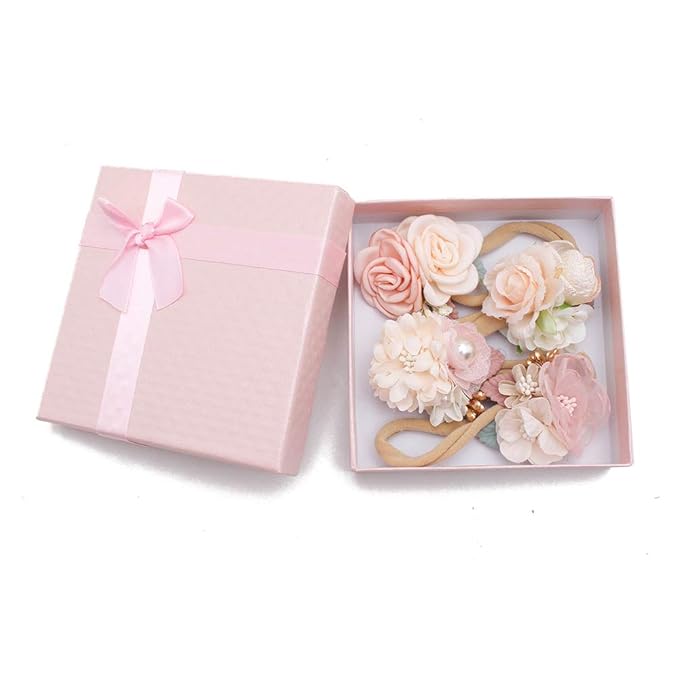 Baby Girl Nylon Headbands Flower Hair Bows Accessories-Elastic Hair Band Crown Handmade FLoral Wraps Birthday Gifts for Girls Newborn Infant Toddler 4Pcs